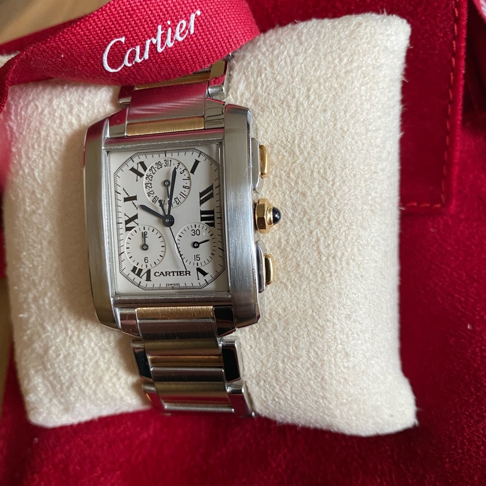 Cartier 18K Gold & Steel with sapphires Tank Franchise Watch .